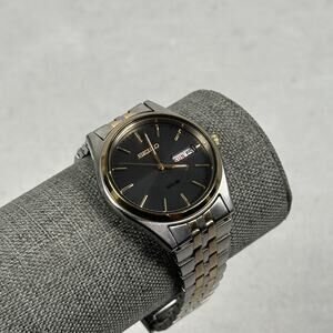 Seiko Solar Watch Mens 37mm Day-Date Two Tone Stainless Steel Black Dial Japan